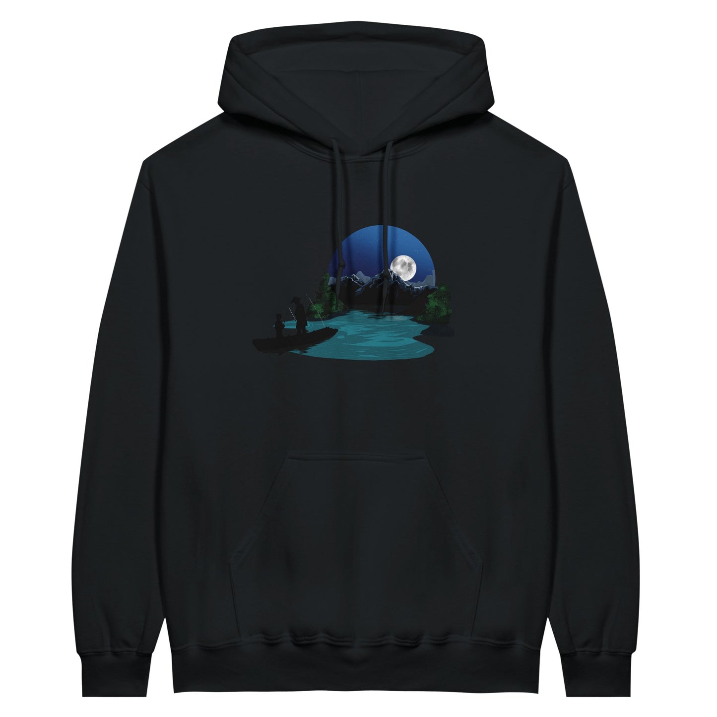 Black value hoodie featuring a print of two silhouetted figures fishing from a boat on a lake, with a full moon, mountains, and trees in the background.