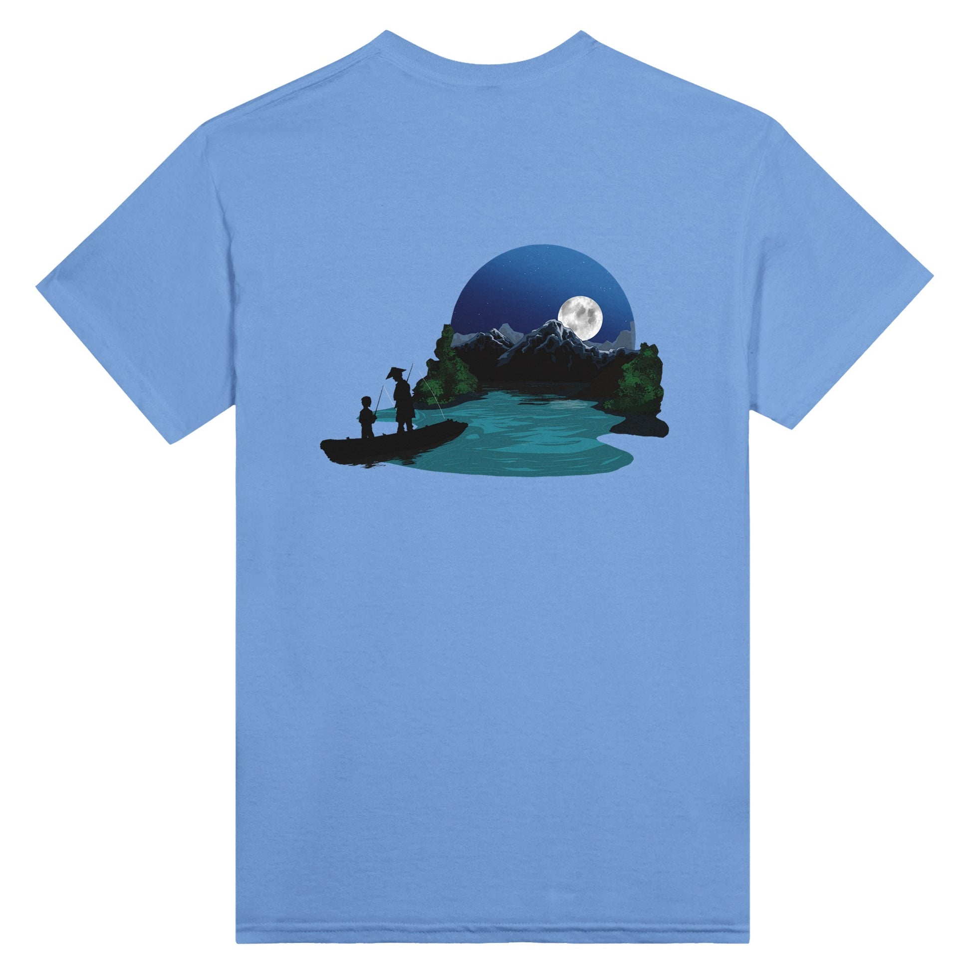 Carolina blue coloured t-shirt featuring a print of two silhouetted figures fishing from a boat on a lake, with a full moon, mountains, and trees in the background.