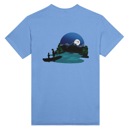 Carolina blue coloured t-shirt featuring a print of two silhouetted figures fishing from a boat on a lake, with a full moon, mountains, and trees in the background.