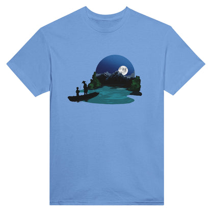 Carolina blue coloured t-shirt featuring a print of two silhouetted figures fishing from a boat on a lake, with a full moon, mountains, and trees in the background.