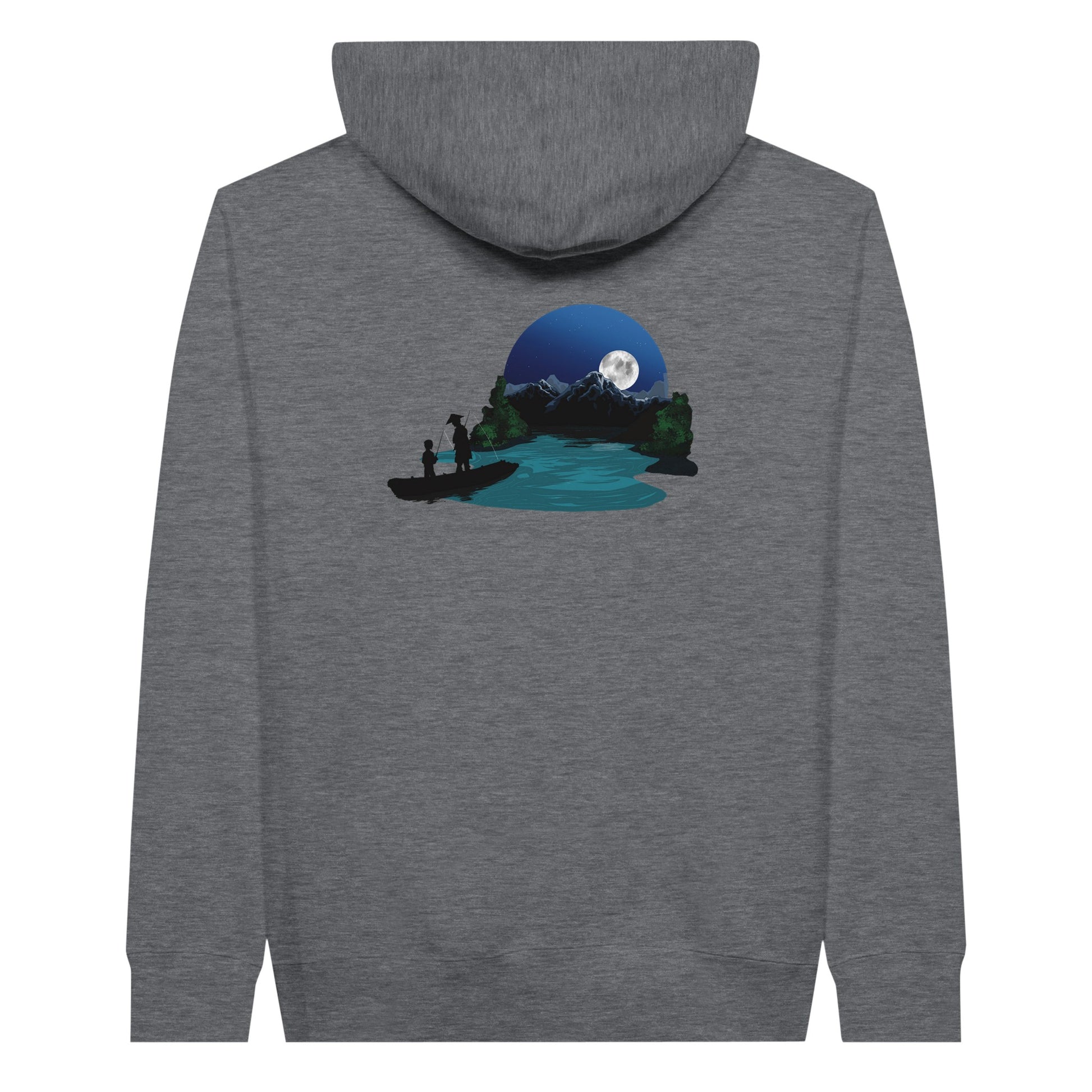 Charcoal heather coloured premium hoodie featuring a print of two silhouetted figures fishing from a boat on a lake, with a full moon, mountains, and trees in the background. Navy premium hoodie featuring a print of two silhouetted figures fishing from a boat on a lake, with a full moon, mountains, and trees in the background.