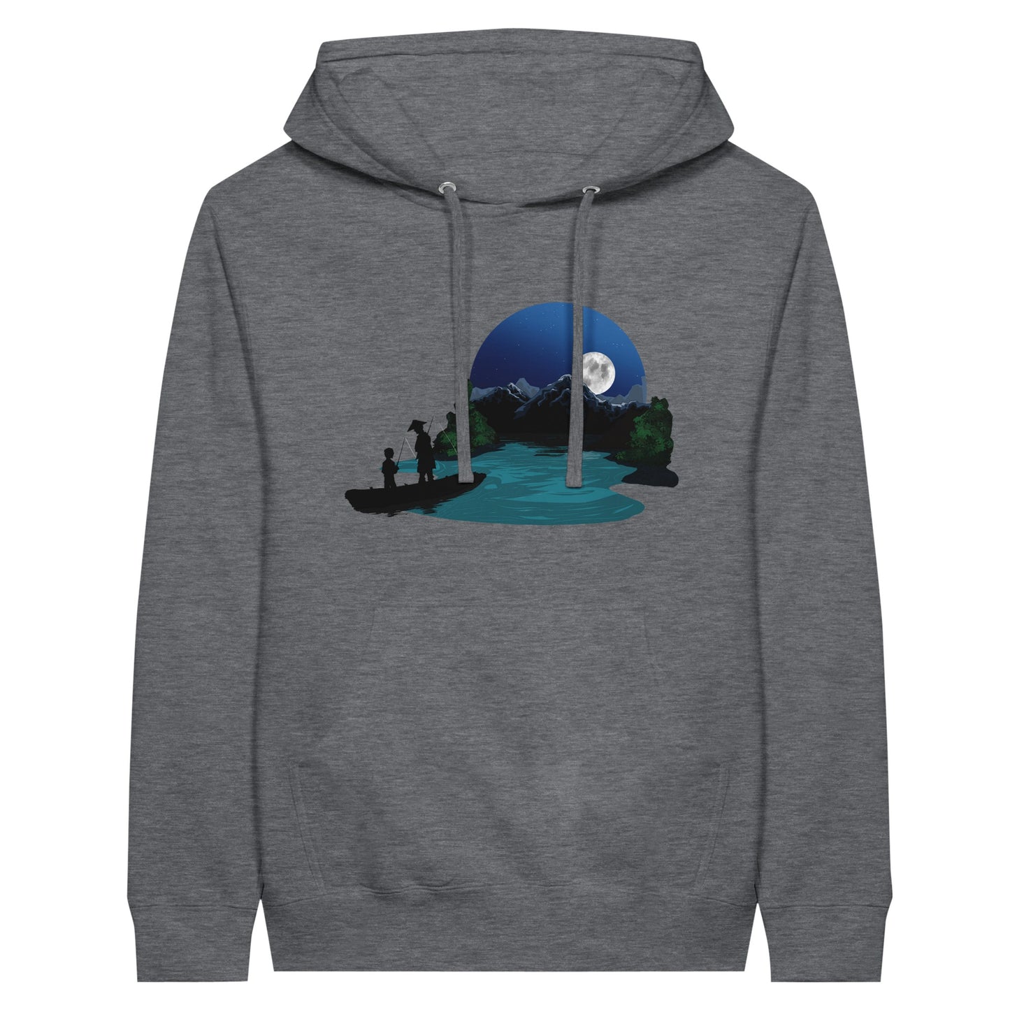 Charcoal heather coloured premium hoodie featuring a print of two silhouetted figures fishing from a boat on a lake, with a full moon, mountains, and trees in the background. Navy premium hoodie featuring a print of two silhouetted figures fishing from a boat on a lake, with a full moon, mountains, and trees in the background.