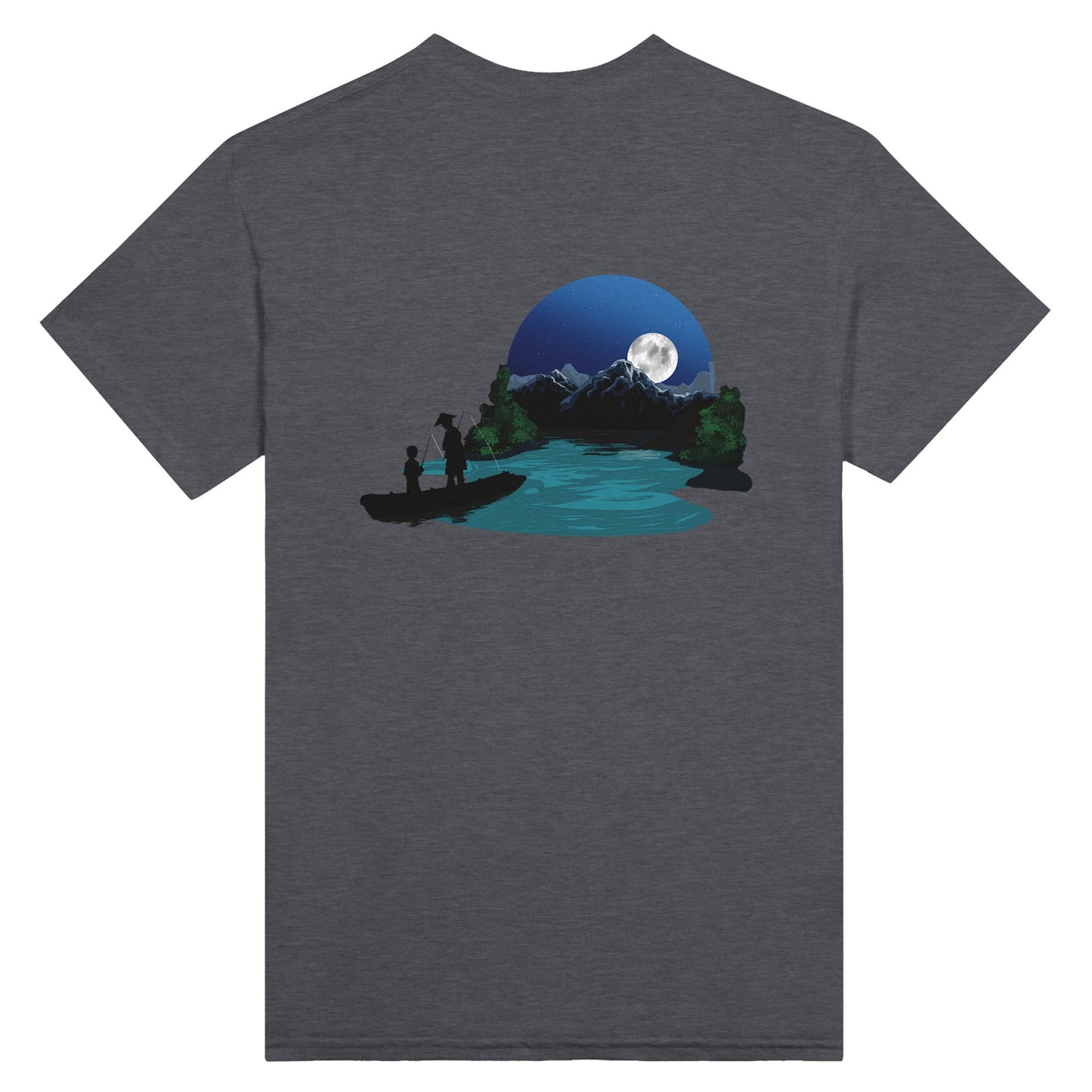 Dark heather coloured t-shirt featuring a print of two silhouetted figures fishing from a boat on a lake, with a full moon, mountains, and trees in the background.