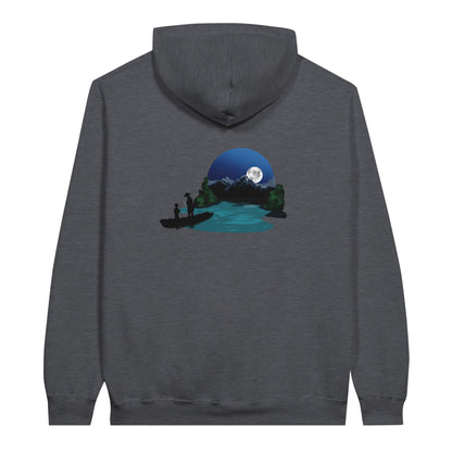 Dark heather coloured value hoodie featuring a print of two silhouetted figures fishing from a boat on a lake, with a full moon, mountains, and trees in the background.