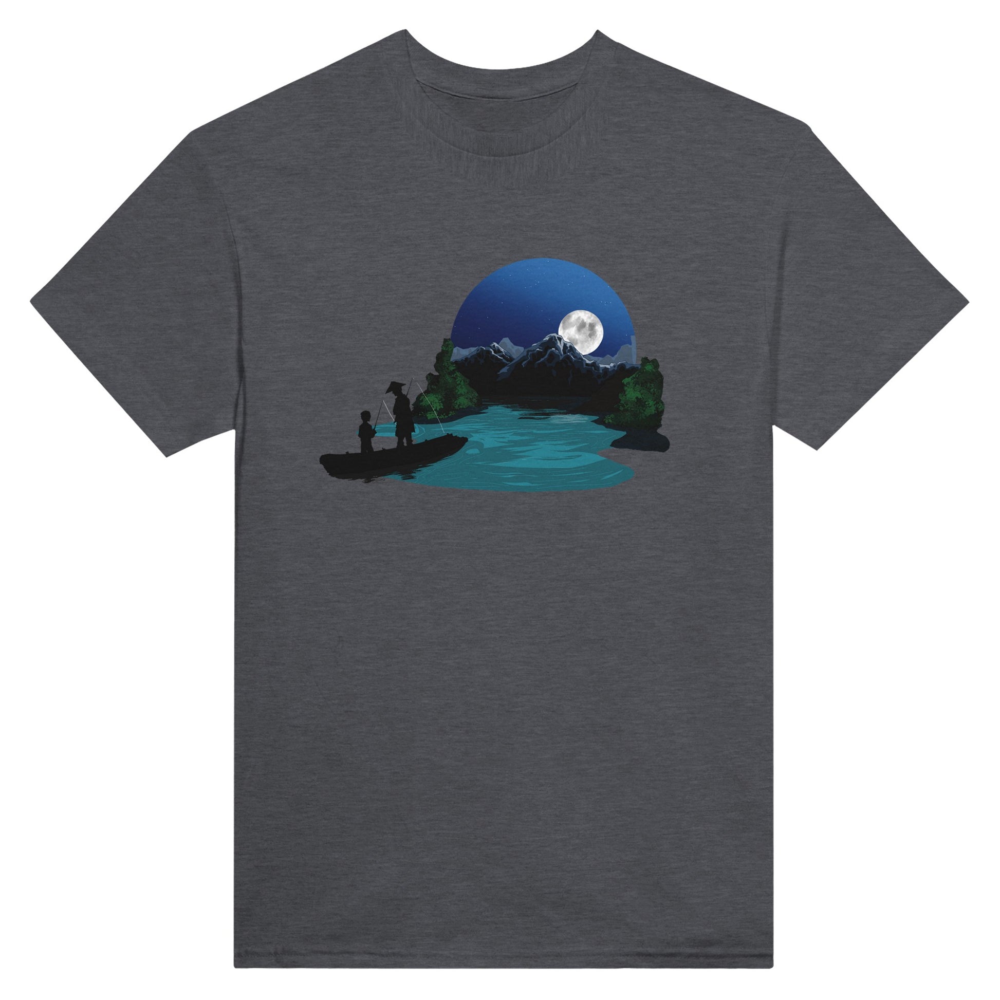 Dark heather coloured t-shirt featuring a print of two silhouetted figures fishing from a boat on a lake, with a full moon, mountains, and trees in the background.