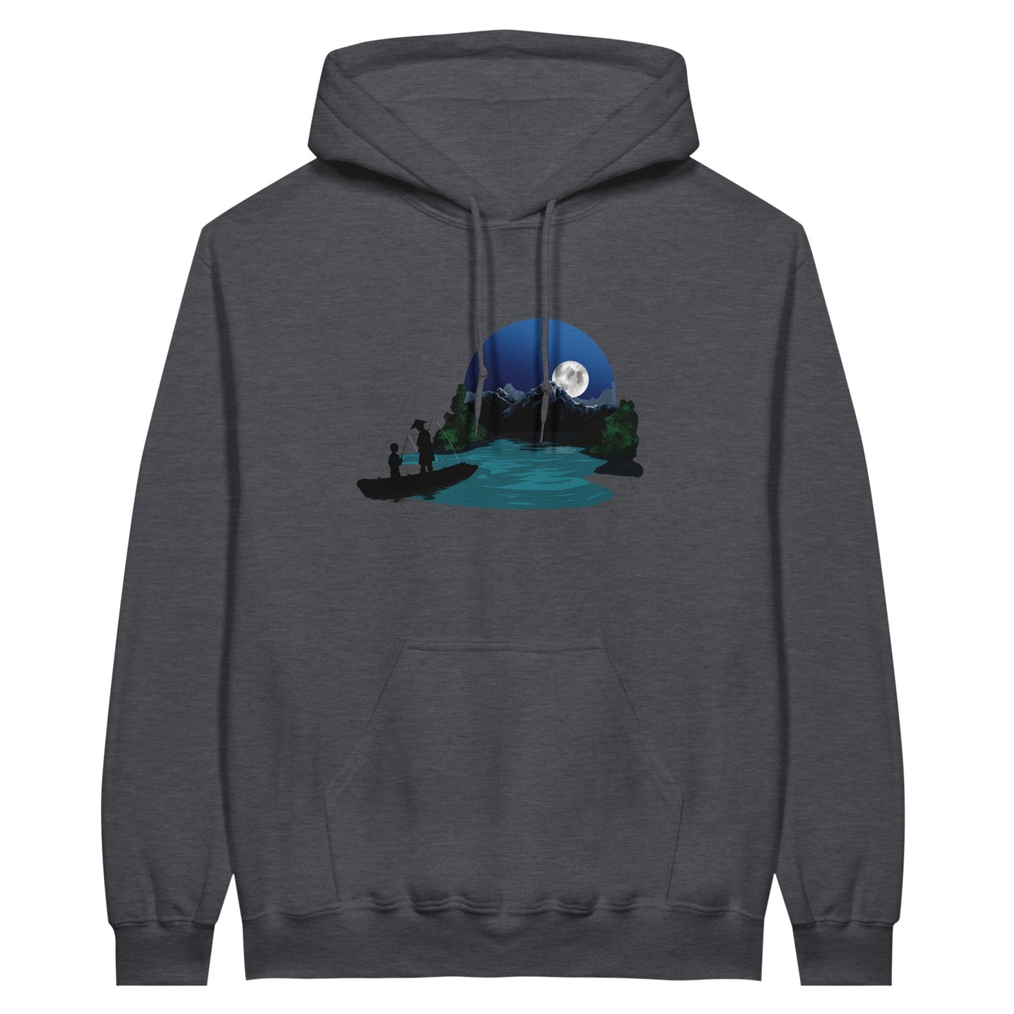 Dark heather coloured value hoodie featuring a print of two silhouetted figures fishing from a boat on a lake, with a full moon, mountains, and trees in the background.