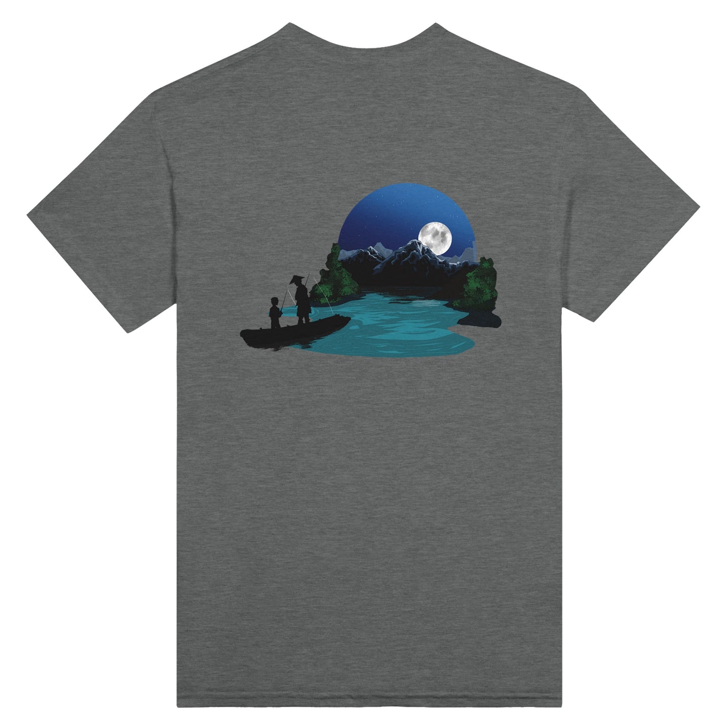 Graphite heather coloured t-shirt featuring a print of two silhouetted figures fishing from a boat on a lake, with a full moon, mountains, and trees in the background.