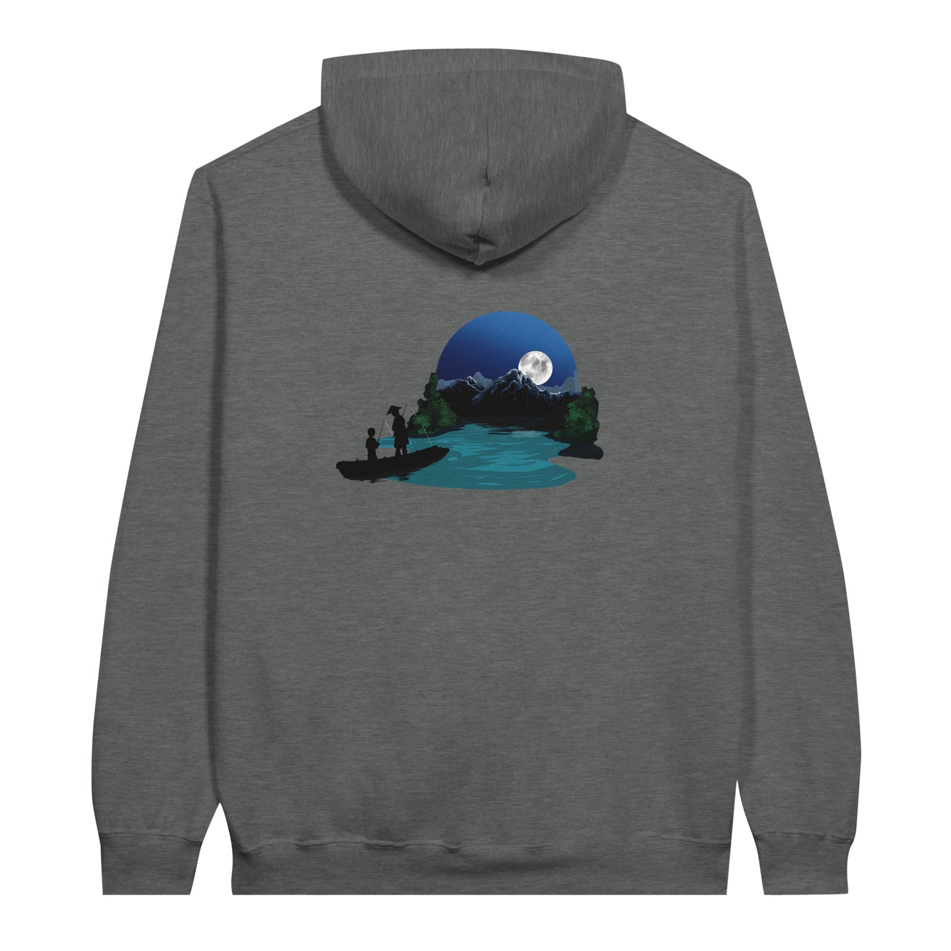 Graphite heather coloured value hoodie featuring a print of two silhouetted figures fishing from a boat on a lake, with a full moon, mountains, and trees in the background.