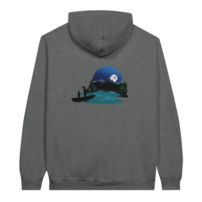 Graphite heather coloured value hoodie featuring a print of two silhouetted figures fishing from a boat on a lake, with a full moon, mountains, and trees in the background.