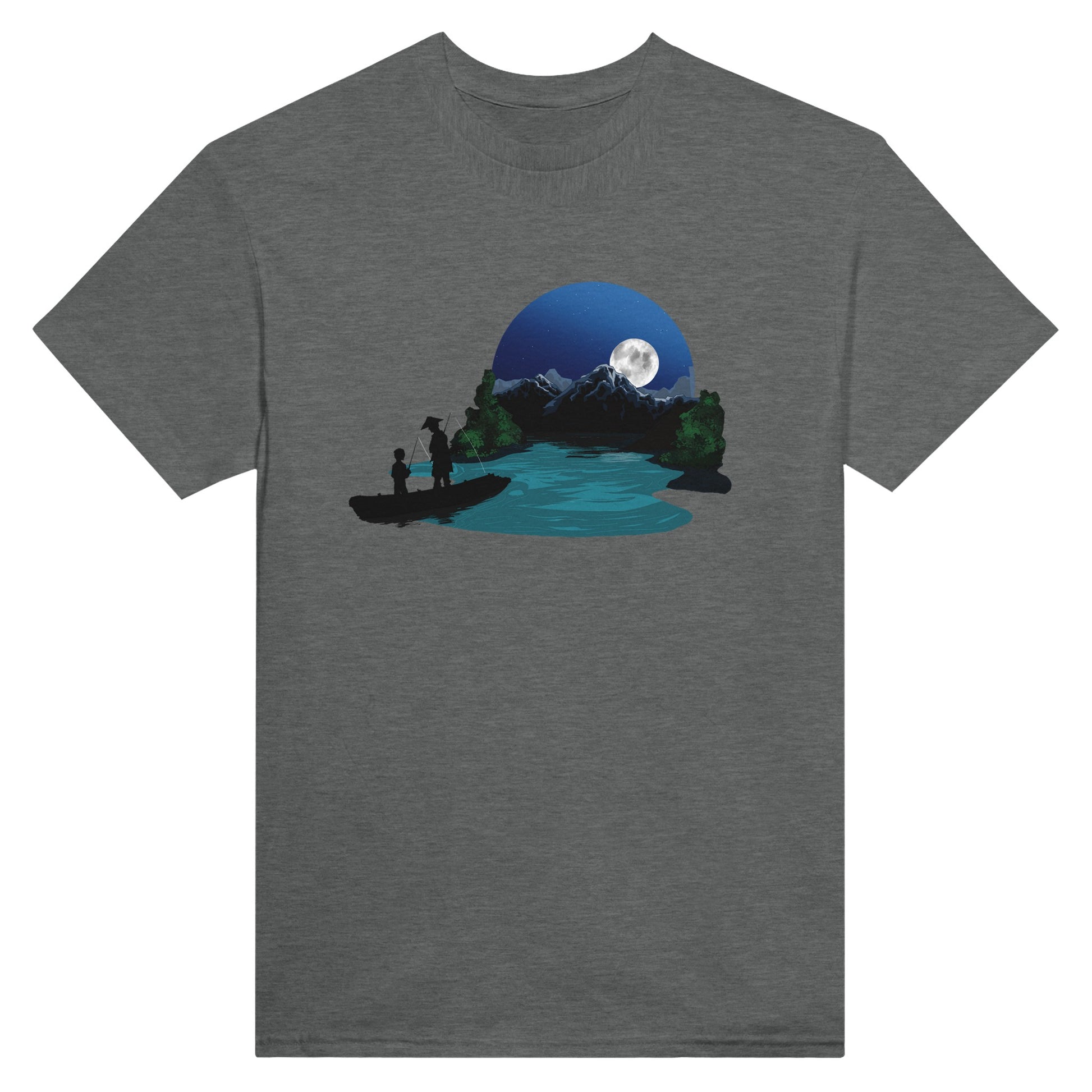 Graphite heather coloured t-shirt featuring a print of two silhouetted figures fishing from a boat on a lake, with a full moon, mountains, and trees in the background.