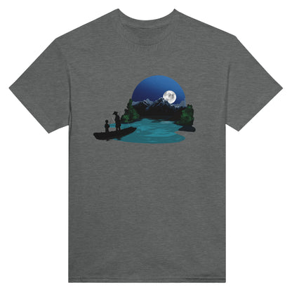 Graphite heather coloured t-shirt featuring a print of two silhouetted figures fishing from a boat on a lake, with a full moon, mountains, and trees in the background.