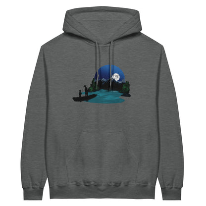 Graphite heather coloured value hoodie featuring a print of two silhouetted figures fishing from a boat on a lake, with a full moon, mountains, and trees in the background.