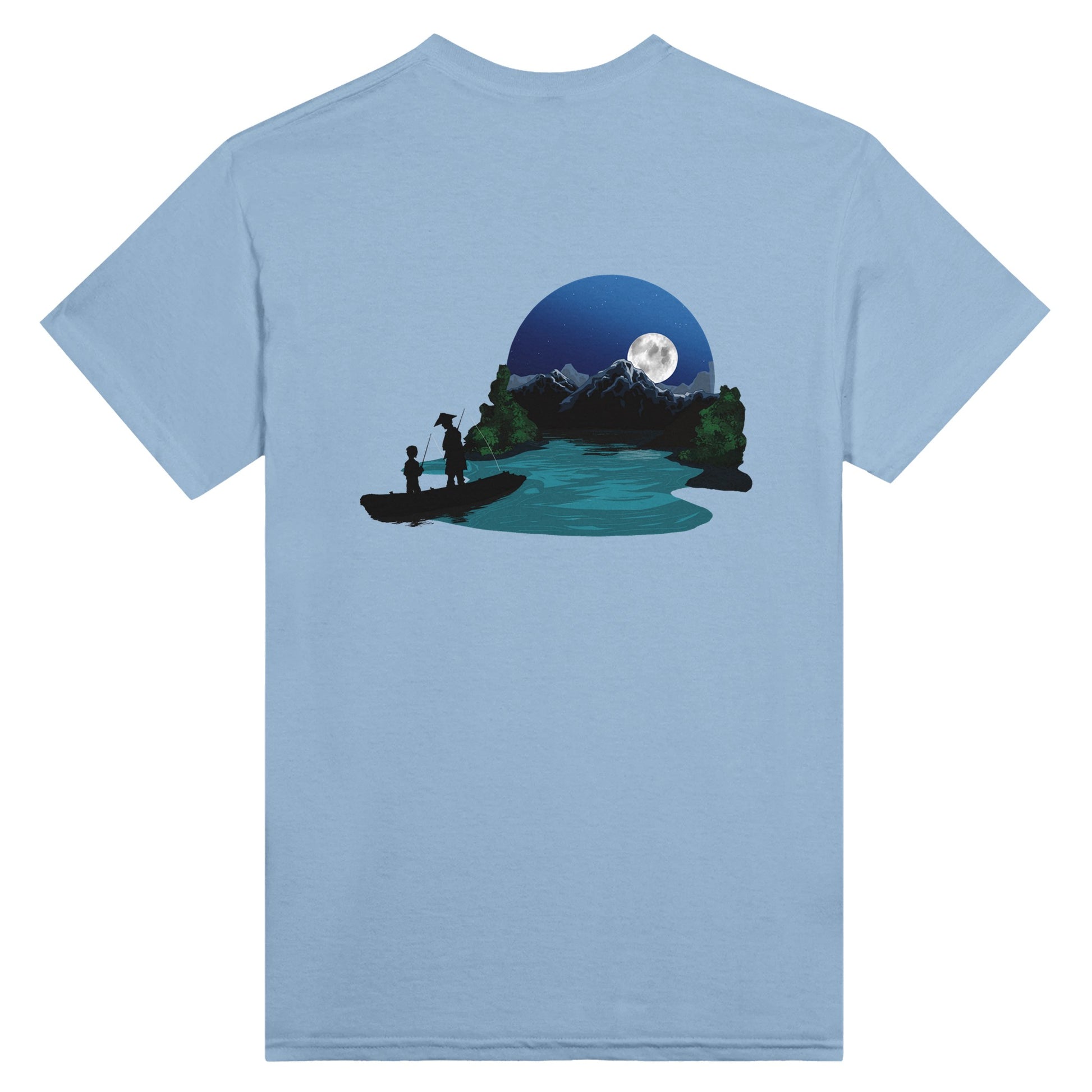 Light blue t-shirt featuring a print of two silhouetted figures fishing from a boat on a lake, with a full moon, mountains, and trees in the background.