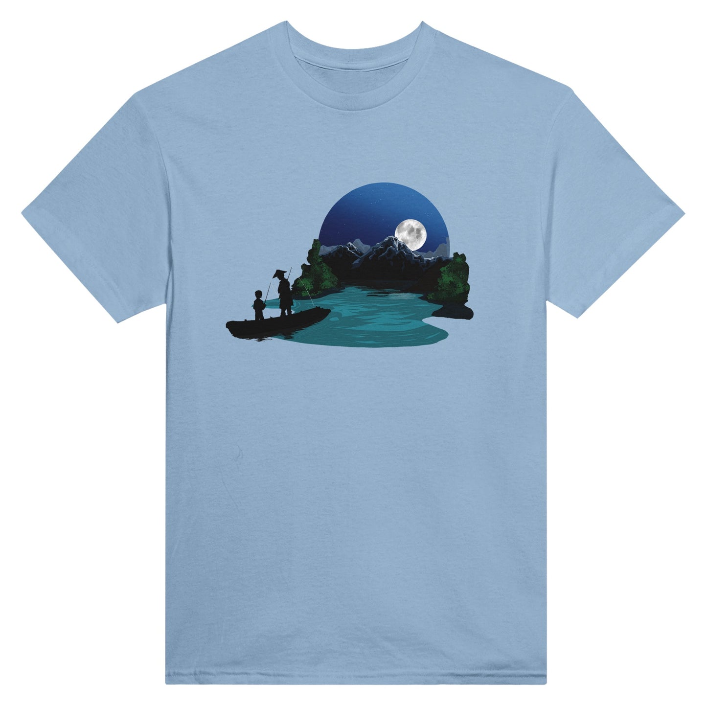 Light blue t-shirt featuring a print of two silhouetted figures fishing from a boat on a lake, with a full moon, mountains, and trees in the background.