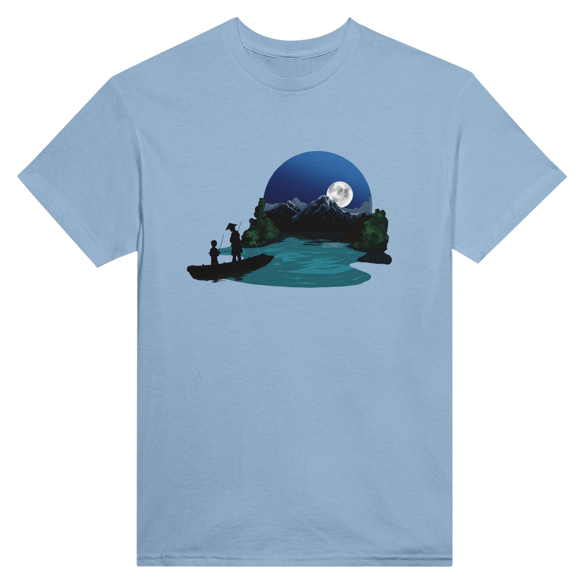 Light blue t-shirt featuring a print of two silhouetted figures fishing from a boat on a lake, with a full moon, mountains, and trees in the background.