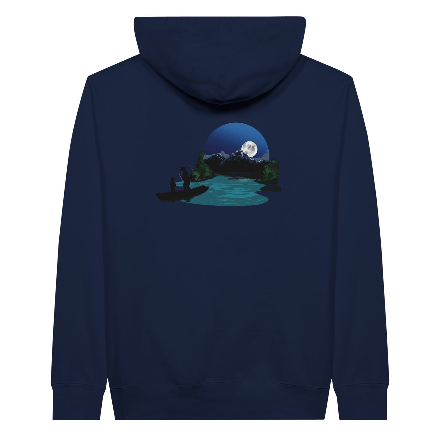 Navy premium hoodie featuring a print of two silhouetted figures fishing from a boat on a lake, with a full moon, mountains, and trees in the background.