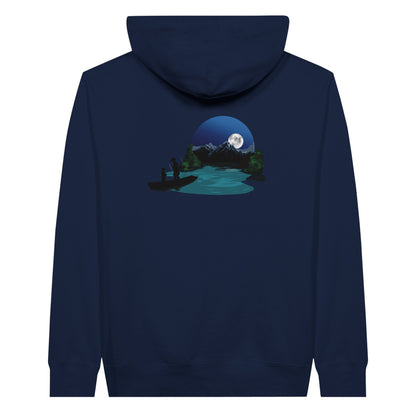 Navy premium hoodie featuring a print of two silhouetted figures fishing from a boat on a lake, with a full moon, mountains, and trees in the background.