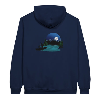 Navy value hoodie featuring a print of two silhouetted figures fishing from a boat on a lake, with a full moon, mountains, and trees in the background.