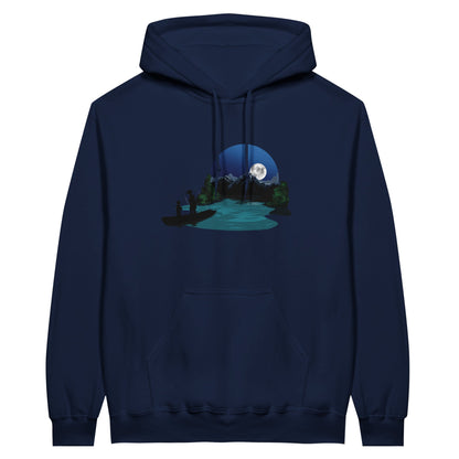 Navy value hoodie featuring a print of two silhouetted figures fishing from a boat on a lake, with a full moon, mountains, and trees in the background.