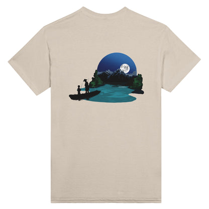 Sand coloured t-shirt featuring a print of two silhouetted figures fishing from a boat on a lake, with a full moon, mountains, and trees in the background.