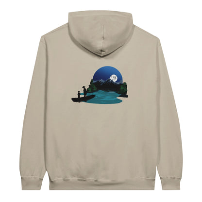 Sand coloured value hoodie featuring a print of two silhouetted figures fishing from a boat on a lake, with a full moon, mountains, and trees in the background.