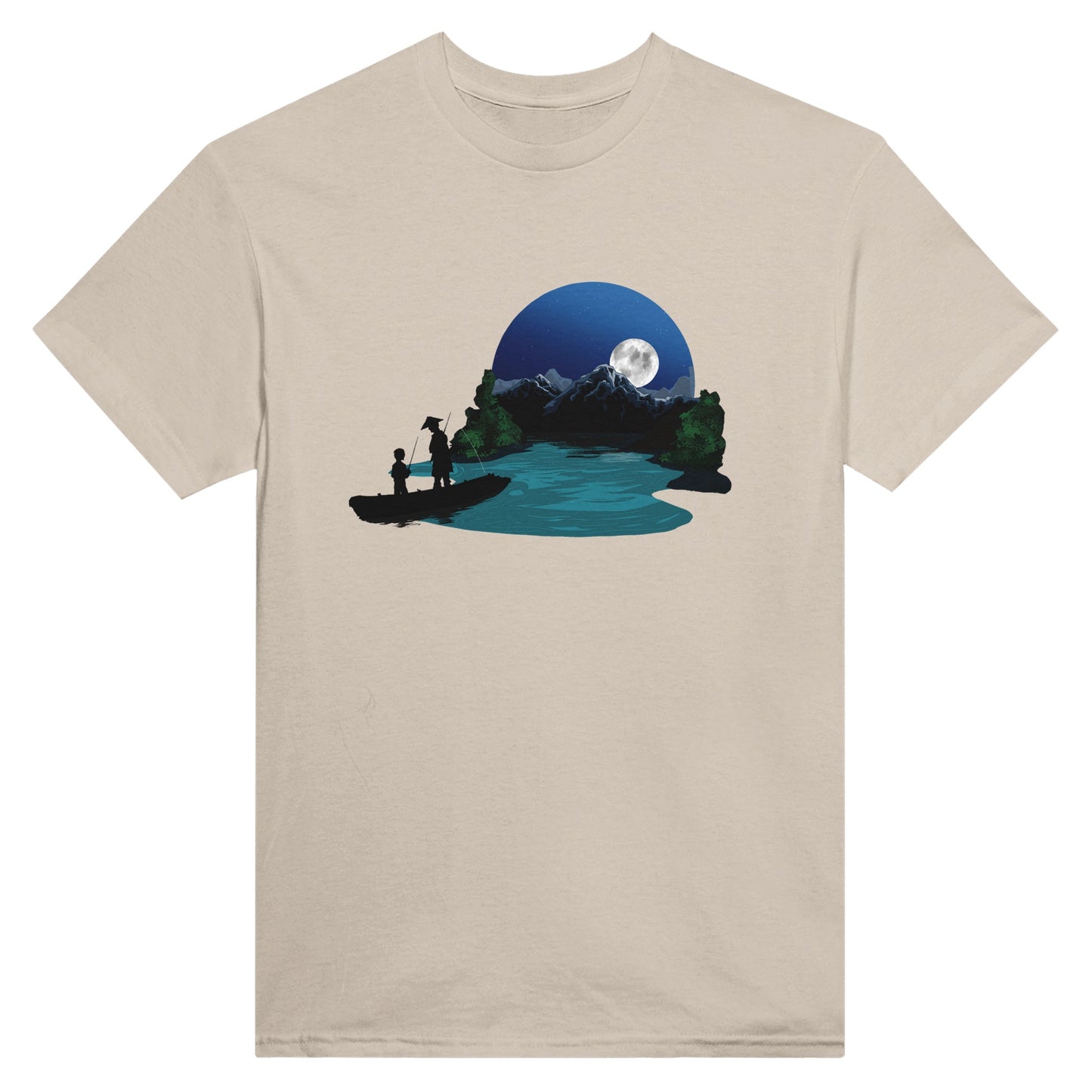 Sand coloured t-shirt featuring a print of two silhouetted figures fishing from a boat on a lake, with a full moon, mountains, and trees in the background.