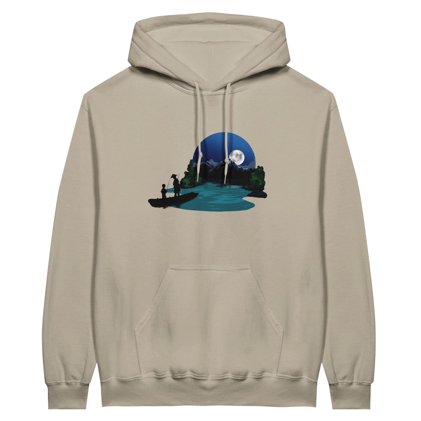 Sand coloured value hoodie featuring a print of two silhouetted figures fishing from a boat on a lake, with a full moon, mountains, and trees in the background.