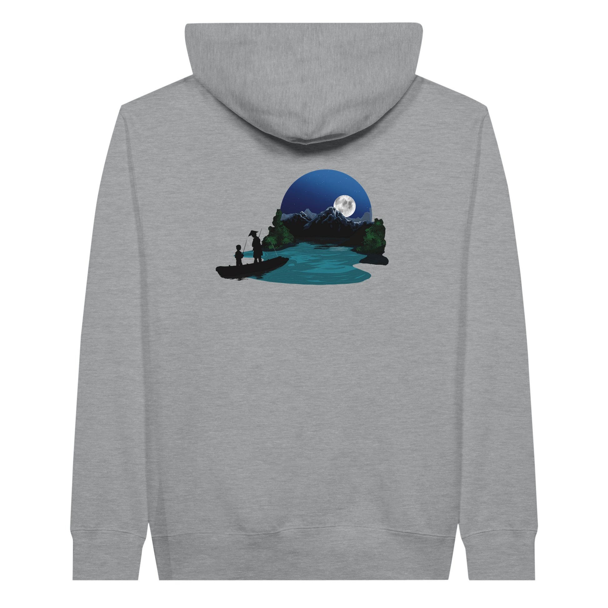 Sports grey coloured premium hoodie featuring a print of two silhouetted figures fishing from a boat on a lake, with a full moon, mountains, and trees in the background.