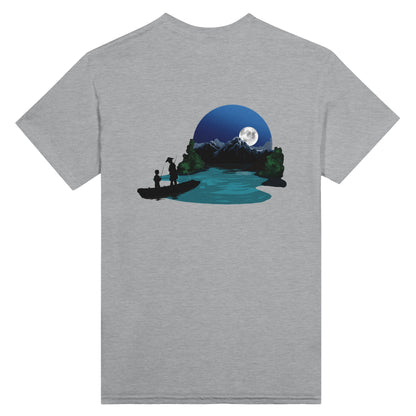 Sports grey coloured t-shirt featuring a print of two silhouetted figures fishing from a boat on a lake, with a full moon, mountains, and trees in the background.