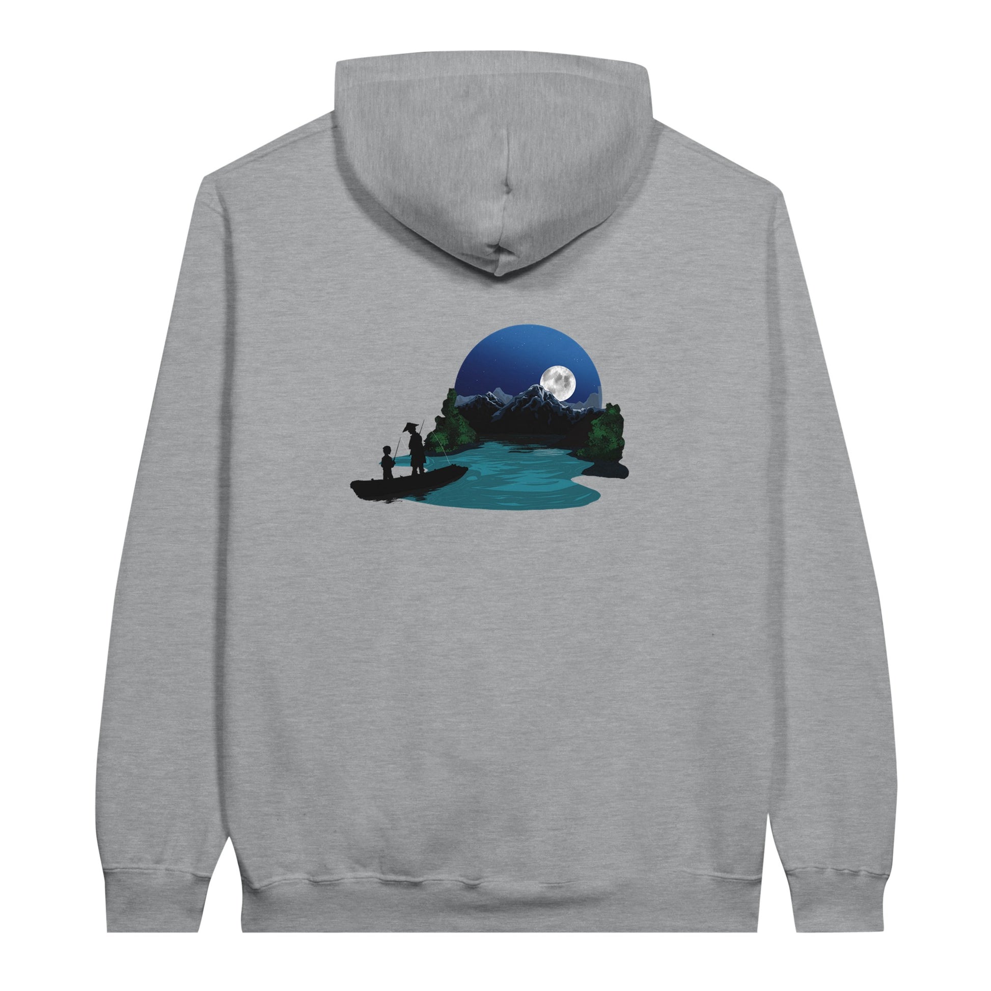 Sports grey coloured value hoodie featuring a print of two silhouetted figures fishing from a boat on a lake, with a full moon, mountains, and trees in the background.