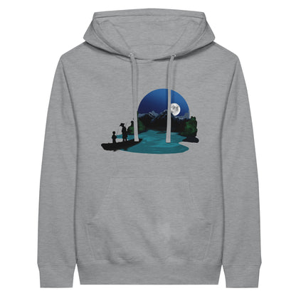 Sports grey coloured premium hoodie featuring a print of two silhouetted figures fishing from a boat on a lake, with a full moon, mountains, and trees in the background.