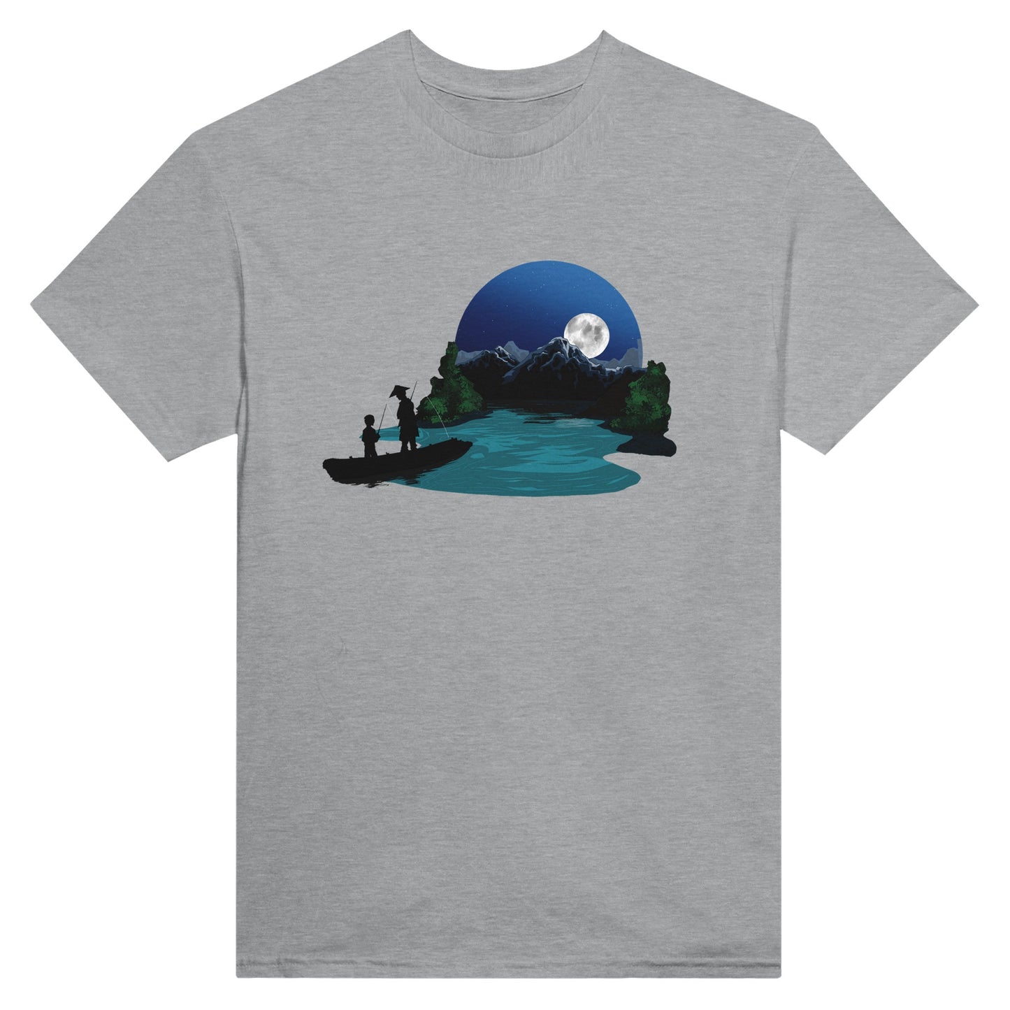 Sports grey coloured t-shirt featuring a print of two silhouetted figures fishing from a boat on a lake, with a full moon, mountains, and trees in the background.