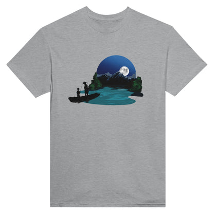 Sports grey coloured t-shirt featuring a print of two silhouetted figures fishing from a boat on a lake, with a full moon, mountains, and trees in the background.