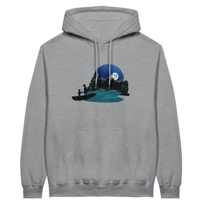 Sports grey coloured value hoodie featuring a print of two silhouetted figures fishing from a boat on a lake, with a full moon, mountains, and trees in the background.