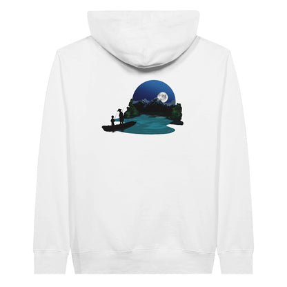 White premium hoodie featuring a print of two silhouetted figures fishing from a boat on a lake, with a full moon, mountains, and trees in the background.