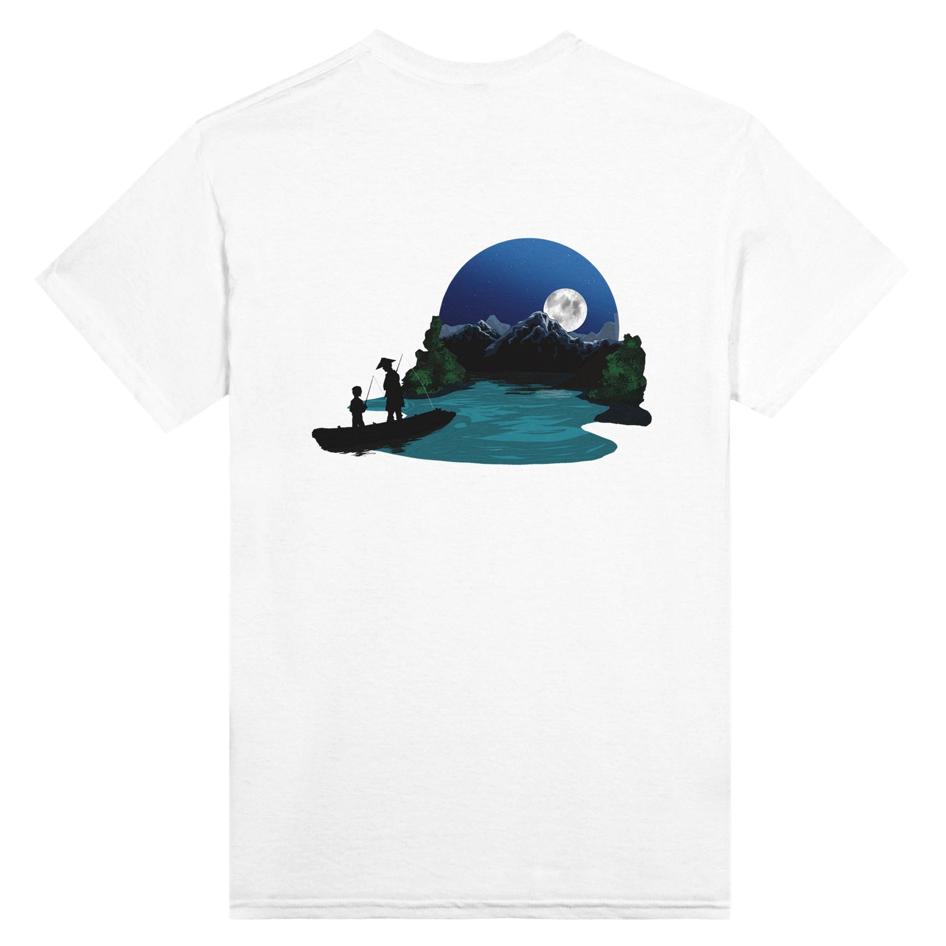 White t-shirt featuring a print of two silhouetted figures fishing from a boat on a lake, with a full moon, mountains, and trees in the background.