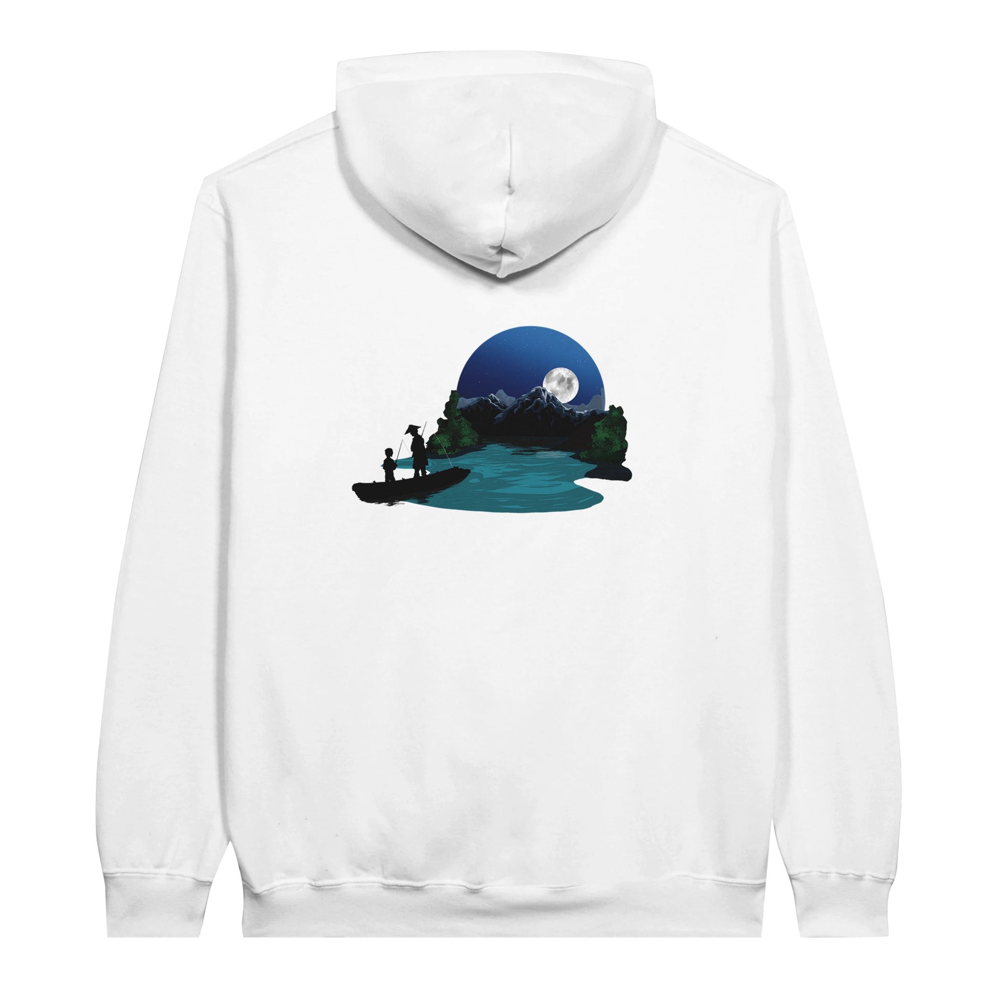 White value hoodie featuring a print of two silhouetted figures fishing from a boat on a lake, with a full moon, mountains, and trees in the background.