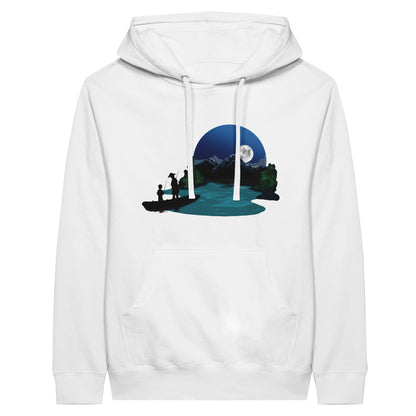 White premium hoodie featuring a print of two silhouetted figures fishing from a boat on a lake, with a full moon, mountains, and trees in the background.