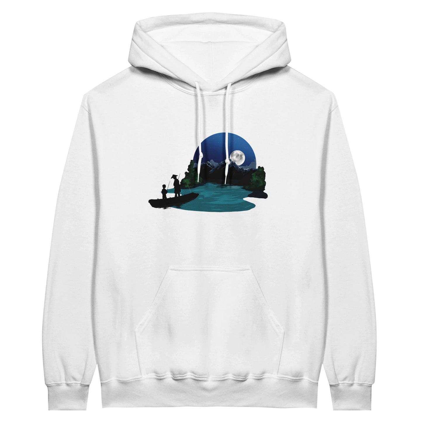 White value hoodie featuring a print of two silhouetted figures fishing from a boat on a lake, with a full moon, mountains, and trees in the background.