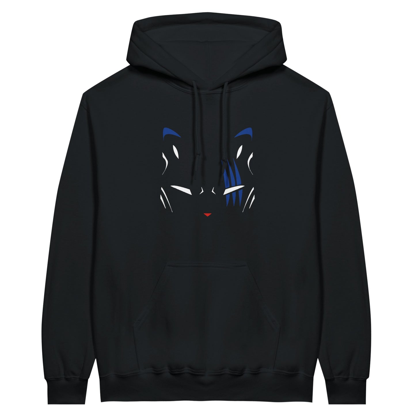 Blue and white Shujinko mask printed onto a black hoodie.