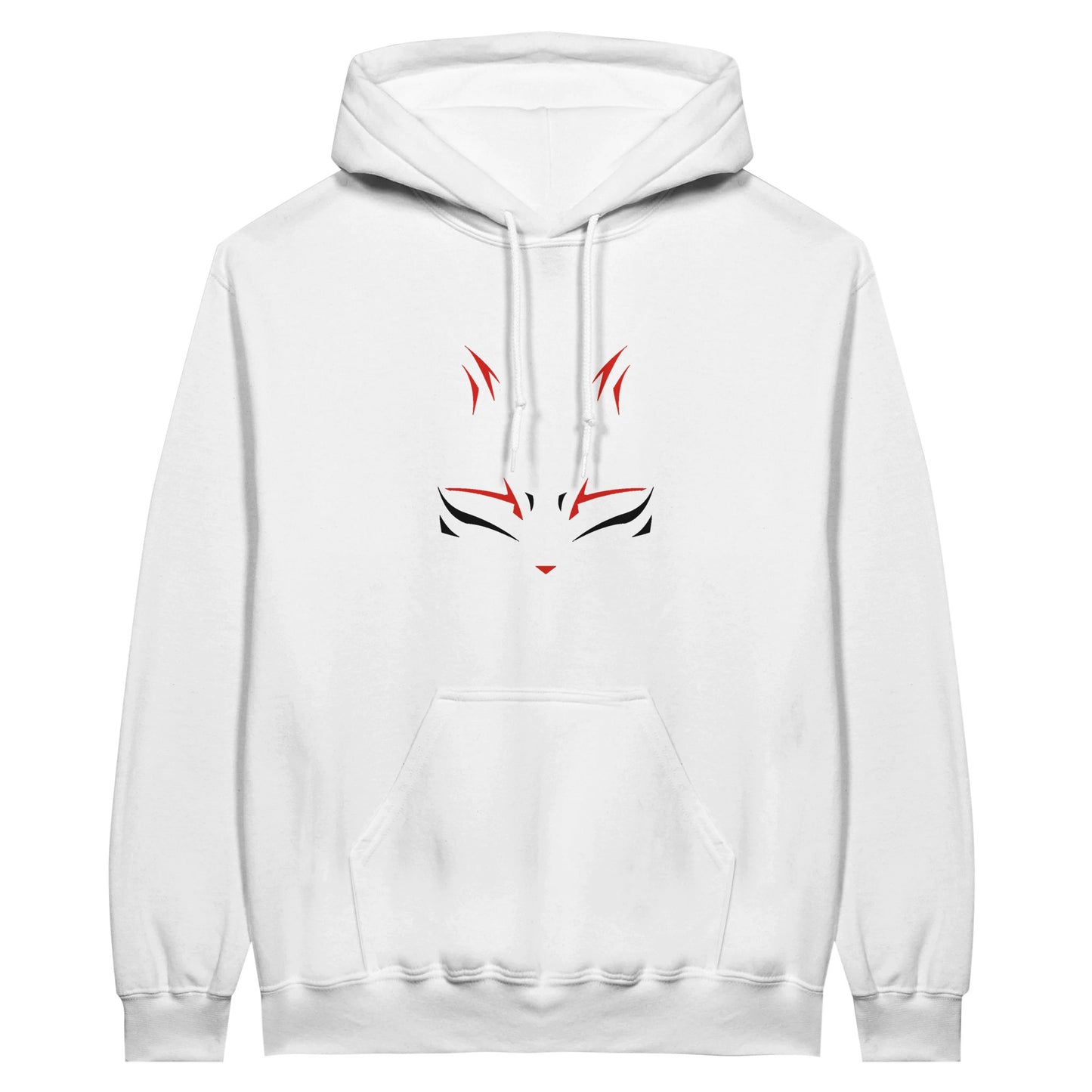 Black and red Shujinko mask printed on a white hoodie.