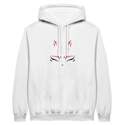 Black and red Shujinko mask printed on a white hoodie.