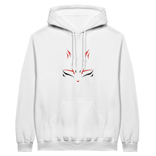 Black and red Shujinko mask printed on a white hoodie.