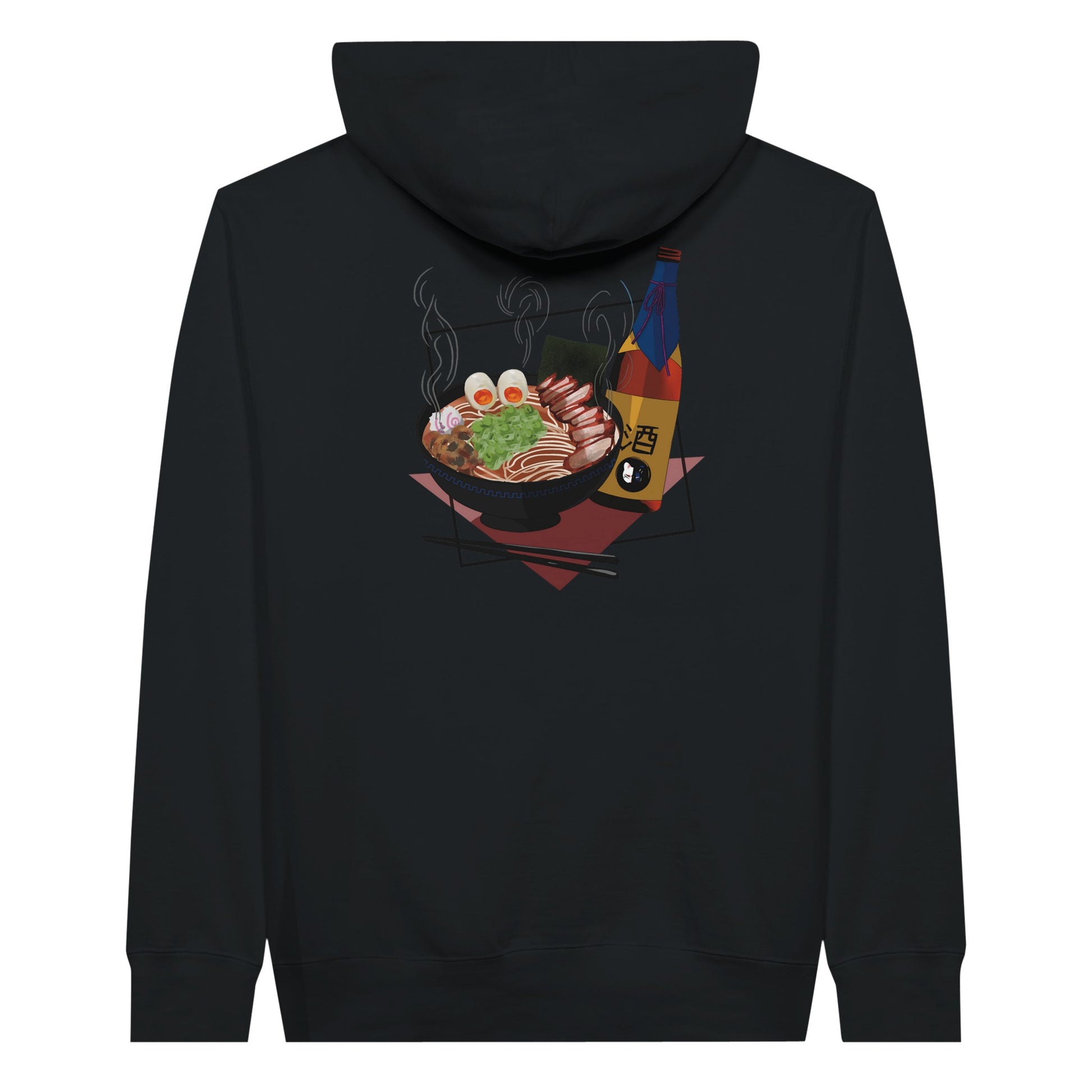 Black premium hoodie featuring a print of a steaming bowl of ramen with eggs, seaweed, and slices of meat, accompanied by a bottle of sake and chopsticks, set on a red geometric background.