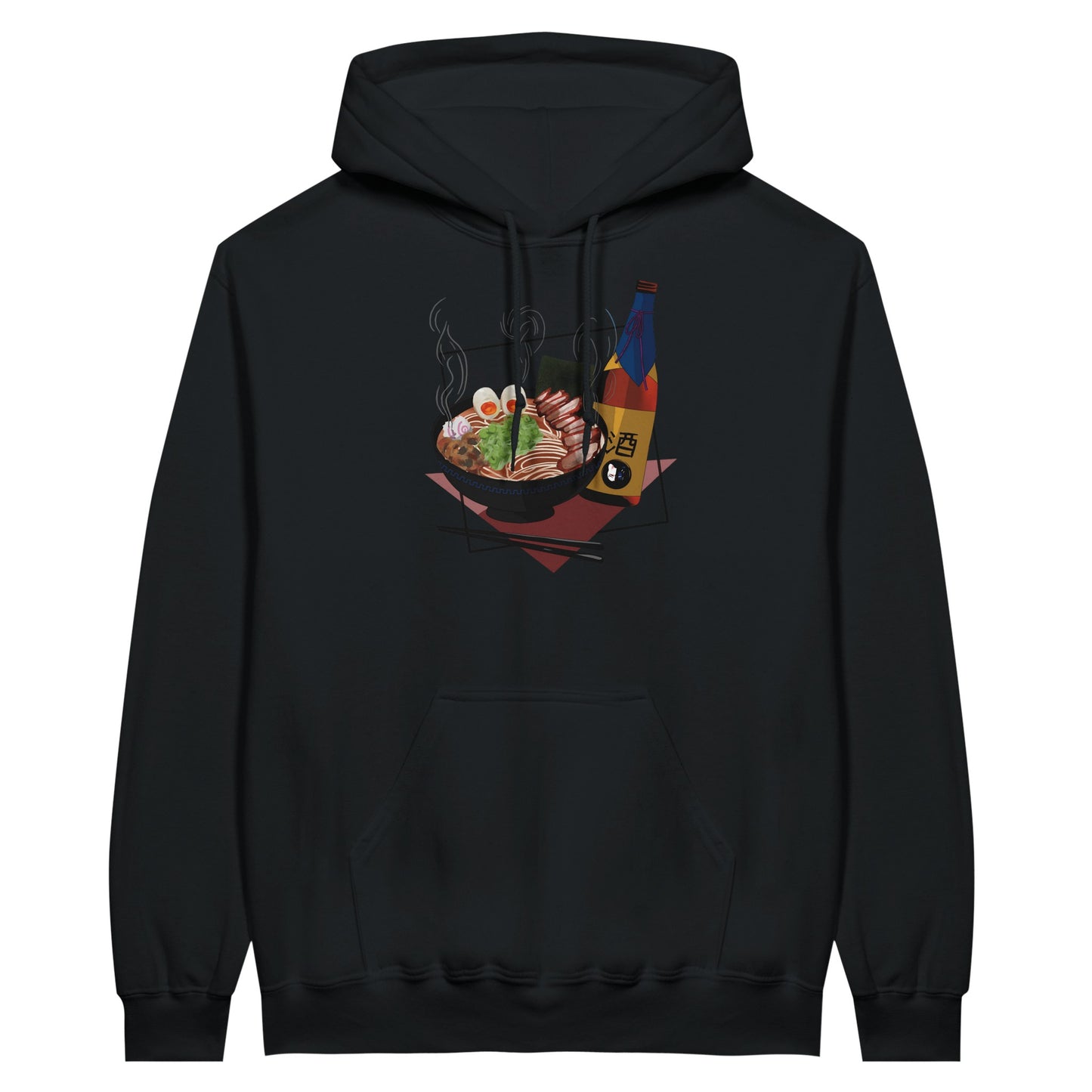 Black value hoodie featuring a print of a steaming bowl of ramen with eggs, seaweed, and slices of meat, accompanied by a bottle of sake and chopsticks, set on a red geometric background.