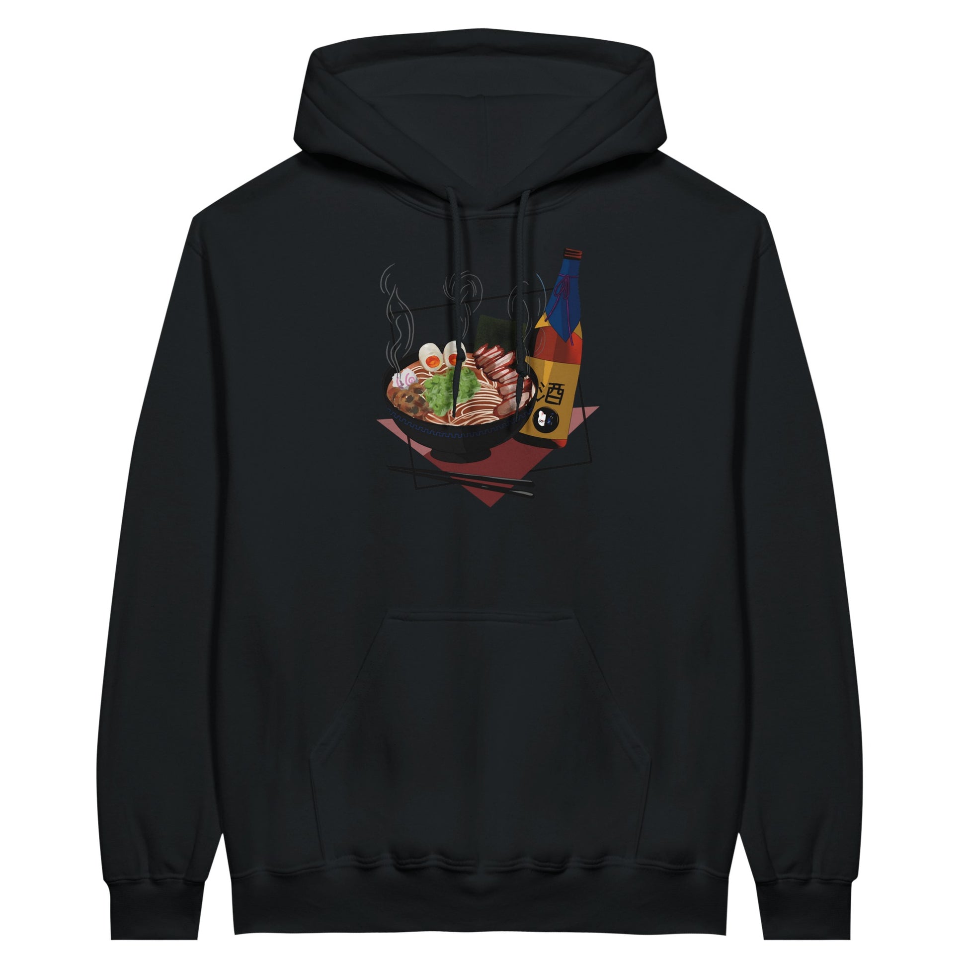 Black value hoodie featuring a print of a steaming bowl of ramen with eggs, seaweed, and slices of meat, accompanied by a bottle of sake and chopsticks, set on a red geometric background.