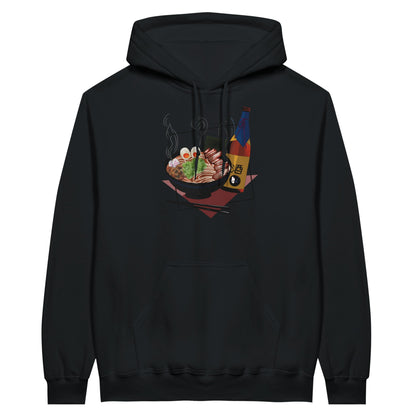 Black value hoodie featuring a print of a steaming bowl of ramen with eggs, seaweed, and slices of meat, accompanied by a bottle of sake and chopsticks, set on a red geometric background.