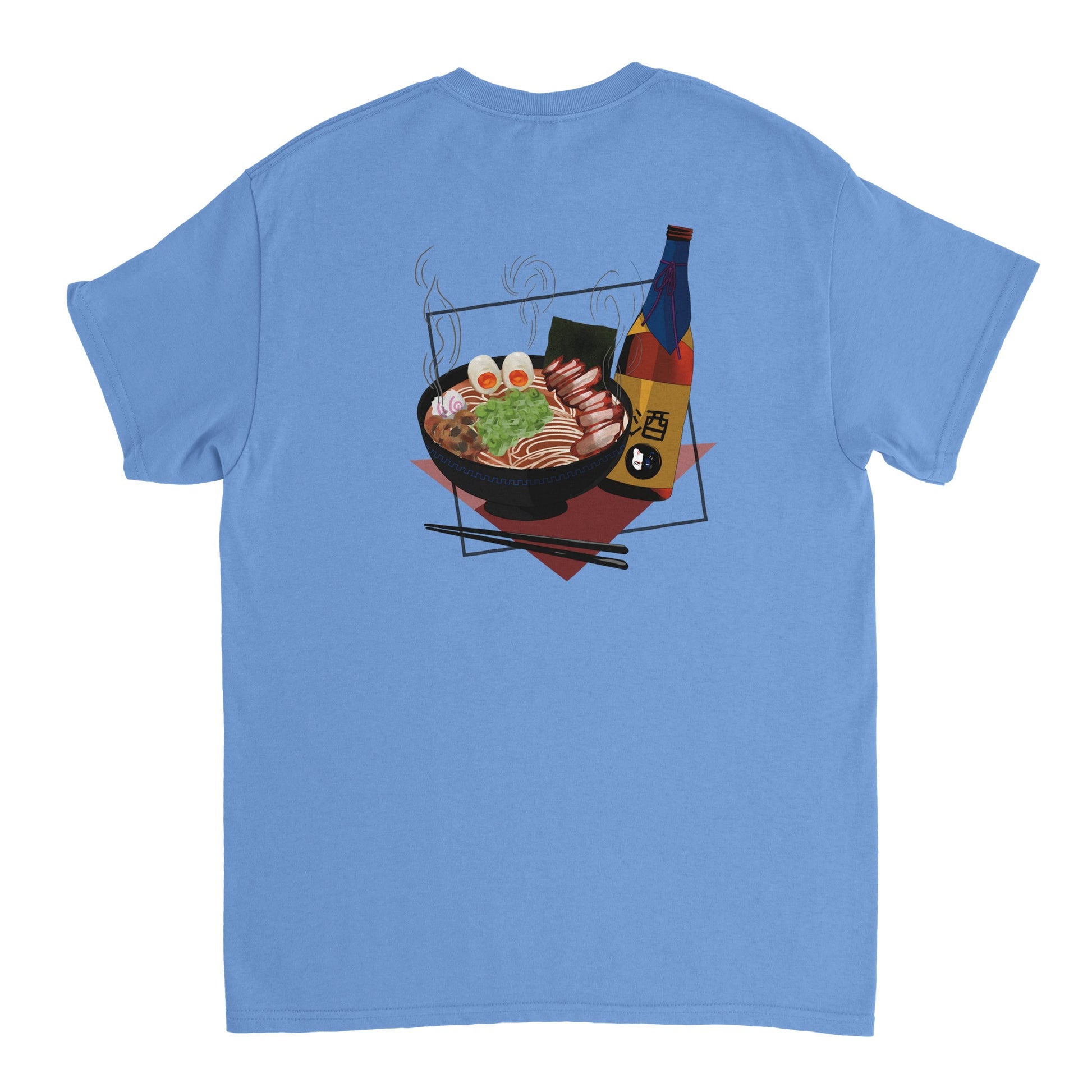 Carolina blue coloured t-shirt featuring a print of a steaming bowl of ramen with eggs, seaweed, and slices of meat, accompanied by a bottle of sake and chopsticks, set on a red geometric background.