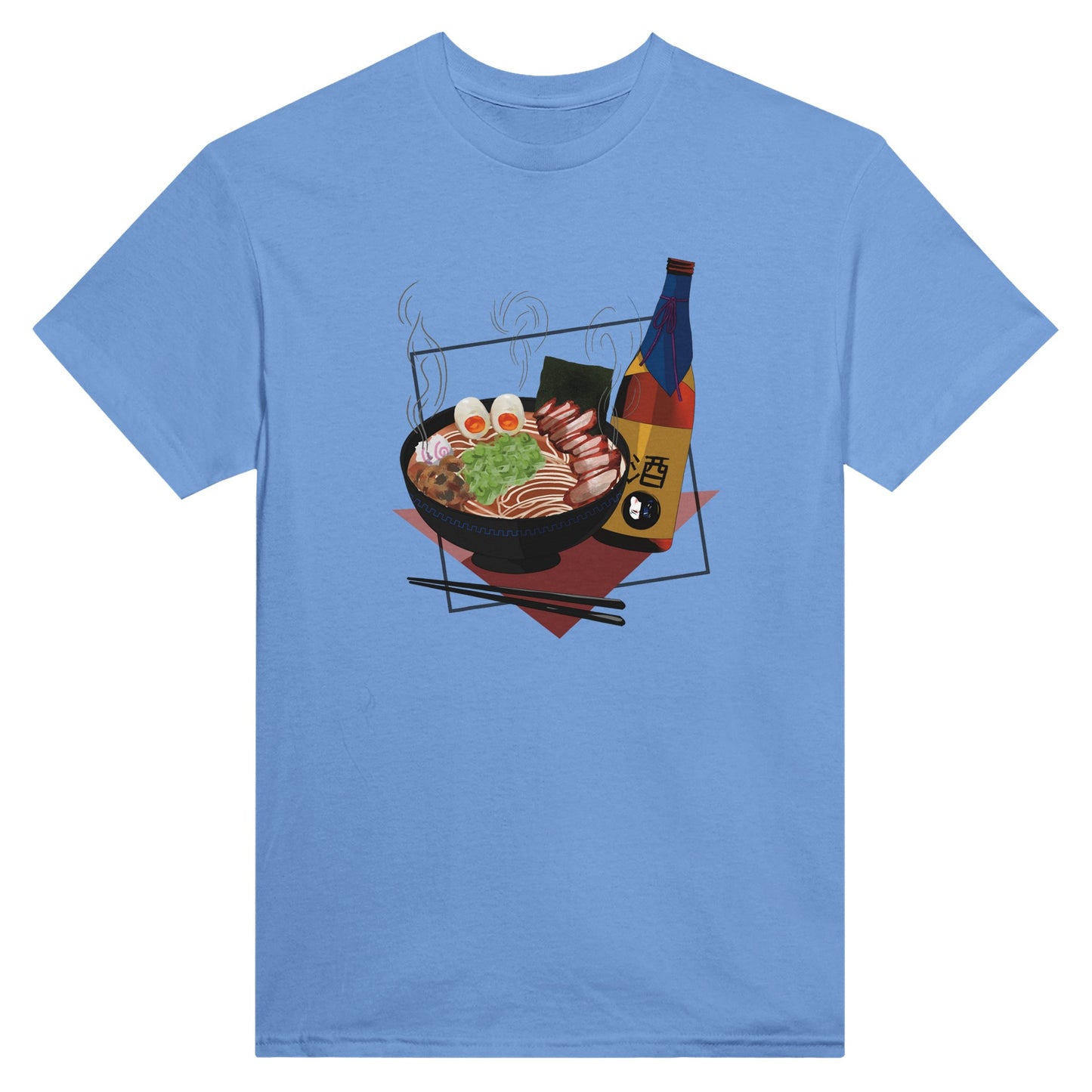 Carolina blue coloured t-shirt featuring a print of a steaming bowl of ramen with eggs, seaweed, and slices of meat, accompanied by a bottle of sake and chopsticks, set on a red geometric background.