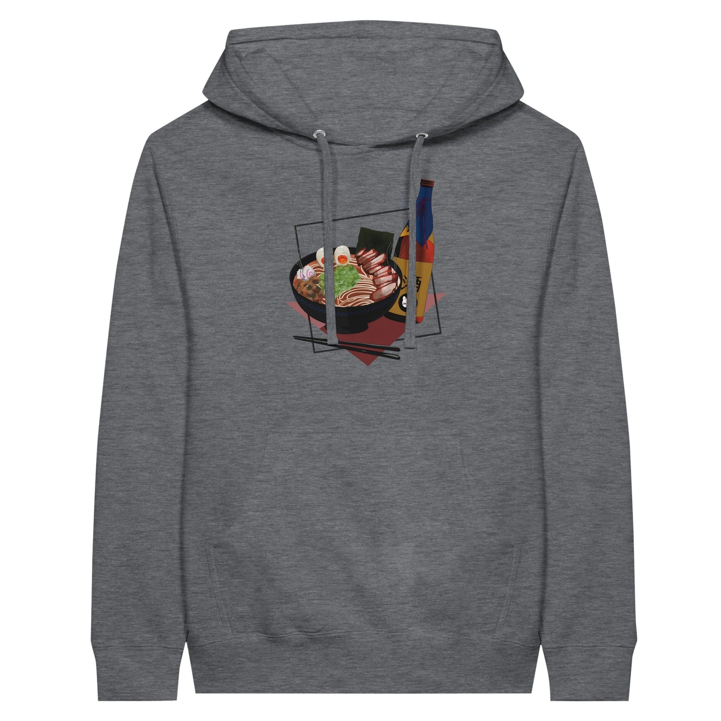 Charcoal heather coloured premium hoodie featuring a print of a steaming bowl of ramen with eggs, seaweed, and slices of meat, accompanied by a bottle of sake and chopsticks, set on a red geometric background.